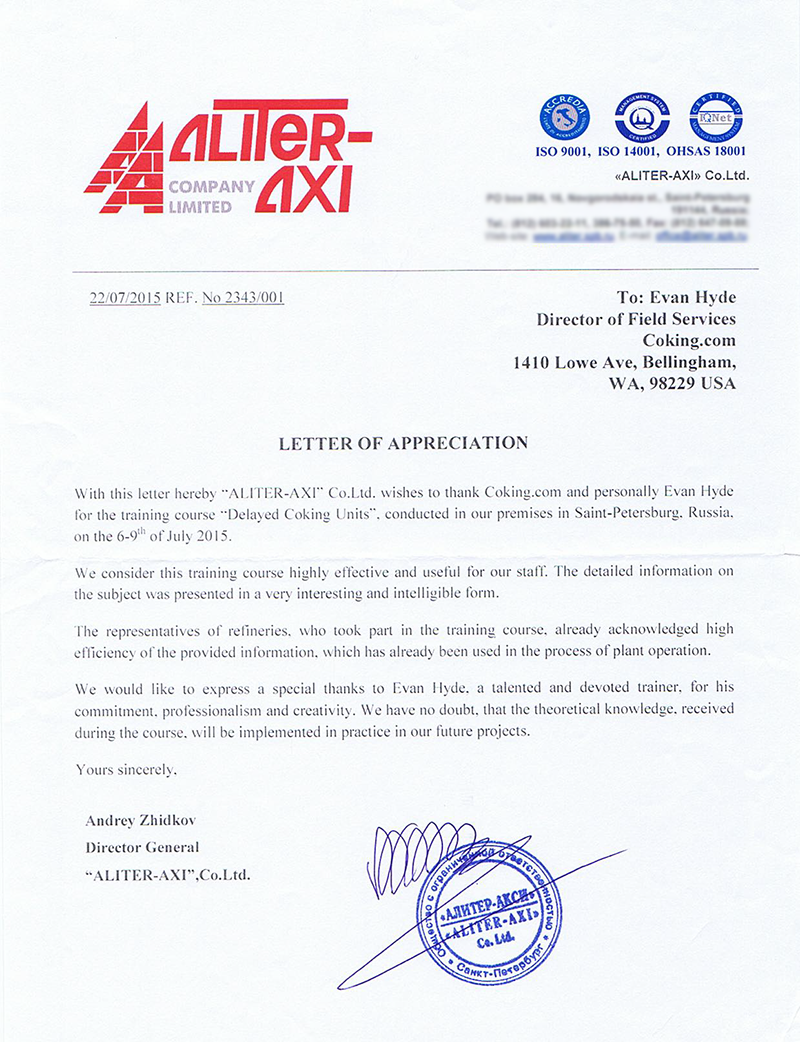 Aliter-AXI training letter of recommendation